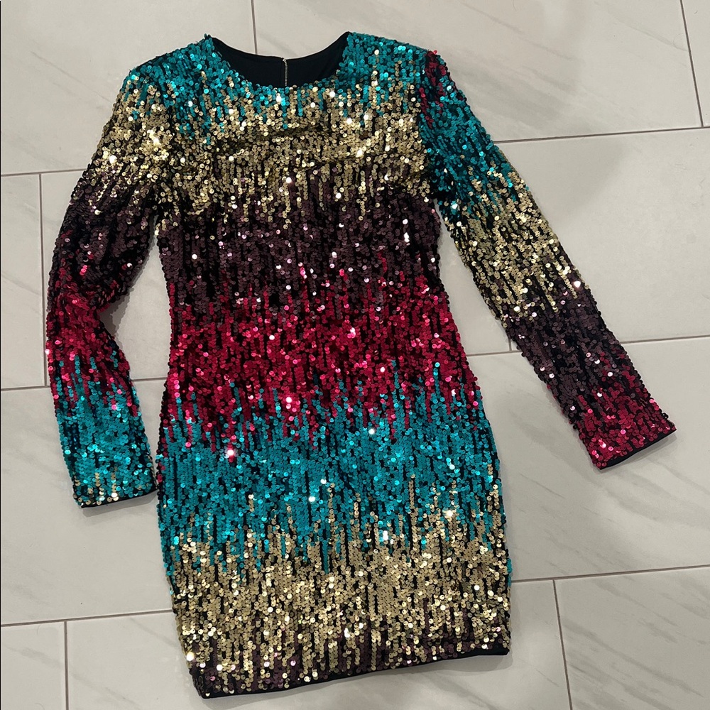 SHEIN Gold, Pink, and Blue Sequin Long Sleeve Dress